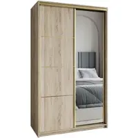 Masseno Schiebetürenschrank VARO 120/205/60 cm Kleiderschrank mit Schubladen Schlafzimmer Schrank 2-türig mit Spiegel Sonoma Eiche + Gold