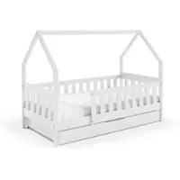 Masseno Kinderbett BELLA 80x190 cm mit Schublade, Rausfallschutz, Einzelbett für Mädchen und Jungs, Hausbett für Kinder, Holz, Weiß