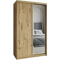 Masseno Schiebetürenschrank TAVI 120/205/60 cm Kleiderschrank mit Schubladen Schlafzimmer Schrank 2-türig mit Spiegel Eiche Artisan + Gold