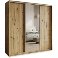 Masseno Schiebetürenschrank TAVI 180/205/60 cm Kleiderschrank mit 4 Schubladen Schlafzimmer Schrank 3-türig mit Spiegel Eiche Artisan