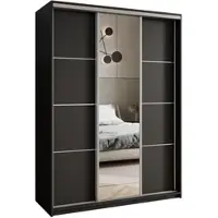 Masseno Schiebetürenschrank VARO 150/205/60 cm Kleiderschrank mit Schubladen Schlafzimmer Schrank 3-türig mit Spiegel Schwarz + Satin