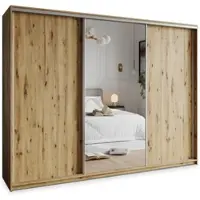 Masseno Schiebetürenschrank TAVI 250/205/60 cm Kleiderschrank mit 4 Schubladen Schlafzimmer Schrank 3-türig mit Spiegel Eiche Artisan