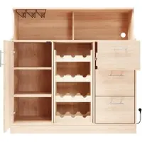 OKWISH Sideboard MDF Natur/Weiß 120x40x121 cm mit Weinregal, Glashalter, Steckdose und LED-Beleuchtung