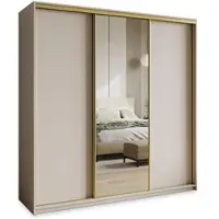 Masseno Schiebetürenschrank TAVI 200/205/60 cm Kleiderschrank mit Schubladen Schlafzimmer Schrank 3-türig mit Spiegel Kaschmir + Gold