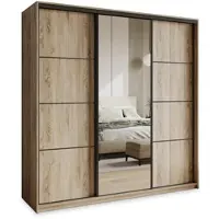 Masseno Schiebetürenschrank VARO 200/205/60 cm Kleiderschrank mit Schubladen Schlafzimmer Schrank 3-türig mit Spiegel Sonoma Eiche + Schwarz