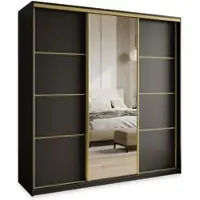 Masseno Schiebetürenschrank VARO 180/205/60 cm Kleiderschrank mit 4 Schubladen Schlafzimmer Schrank 3-türig mit Spiegel Schwarz