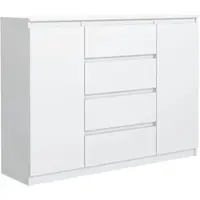 Masseno Kommode NUDO 120 cm Sideboard mit 4 Schubladen und 2 Türen für Wohnzimmer Schlafzimmer Modern 120x39x101,5 cm Weiß / Weiß