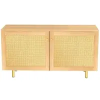 OKWISH Doppeltüriger Aufbewahrungsschrank Flurschrank Holzoptik Minimalistisches Design Rattangeflecht Tür Goldfarbene Griffe Für Schlafzimmer und Flur Natur