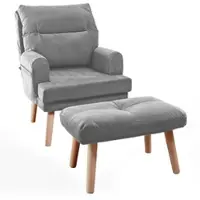 Idohome - Relaxsessel NEMO verstellbar mit Hocker und Holzfüßen, Farbe: Graubeige Trinity 32