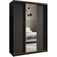 Masseno Schiebetürenschrank TAVI 150/205/60 cm Kleiderschrank mit Schubladen Schlafzimmer Schrank 3-türig mit Spiegel Schwarz + Schwarz