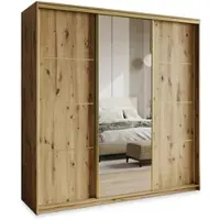 Masseno Schiebetürenschrank VARO 200/205/60 cm Kleiderschrank mit Schubladen Schlafzimmer Schrank 3-türig mit Spiegel Eiche Artisan + Gold