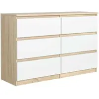 Masseno Kommode NUDO 138,5 cm Sideboard mit 6 Schubladen und Türen für Wohnzimmer Schlafzimmer Modern 138,5x39x78,5 cm Sonoma Eiche / Weiß