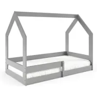 Masseno Kinderbett FLORA 80x160 cm mit Rausfallschutz, Einzelbett für Mädchen und Jungs, Hausbett für Kinder, Holz, Hellgrau