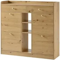 OKWISH Schuhschrank aus Spanplatte in Natur, 110x26x100 cm, mit 4 Klapptüren, 2 Schubladen und 3 offenen Fächern