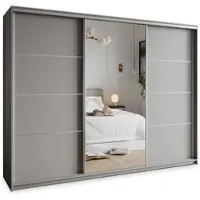 Masseno Schiebetürenschrank VARO 270/205/60 cm Kleiderschrank mit Schubladen Schlafzimmer Schrank 3-türig mit Spiegel Graphitfarben + Satin