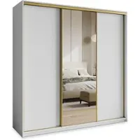 Masseno Schiebetürenschrank TAVI 200/205/60 cm Kleiderschrank mit Schubladen Schlafzimmer Schrank 3-türig mit Spiegel Weiß + Gold