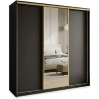 Masseno Schiebetürenschrank TAVI 180/205/60 cm Kleiderschrank mit 4 Schubladen Schlafzimmer Schrank 3-türig mit Spiegel Schwarz