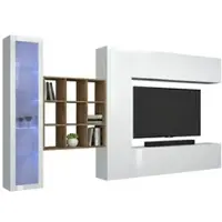 Dmora Wohnzimmermöbel Dcapann, Wohnzimmergarnitur TV-Möbel mit 4 Türen, Mehrzweck-Wohnzimmermöbel mit Vitrine und LED-Licht, 100 % Italy, cm 310x30h180, glänzend weiß und Ahorn