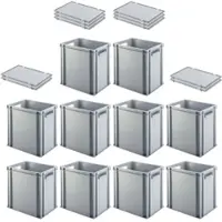 Proregal 10x Eurobehälter mit offenem Griff und Scharnierdeckel | HxBxT 40x30x40cm | 37 Liter | Grau | Eurobox