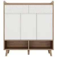 OKWISH Schuhschrank aus Spanplatte und MDF in Weiß/Natur, 90x35x100 cm, mit verstellbaren Einlegeböden und Kippsicherung