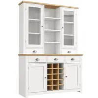 OKWISH Küchenschrank Stauraumschrank mit 5 Schubladen und Glastür Hochschrank Modern Aufbewahrungsschrank mit herausnehmbares Weinregal Weinschrank mit Metallgriffen und Kippschutz Weiß