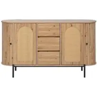 OKWISH Ovale Sideboard mit Rattan verstellbare Fächer Wohnzimmerschrank mit Schiebetüren und 3 Schubladen multifunktionaler Aufbewahrungsschrank mit Metallbeinen Natur