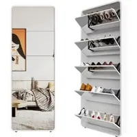 OKWISH Schuhschrank MDF weiß mit Spiegel, 5 Klappen, Höhe 176 cm, freistehend, für bis zu 15 Paar Schuhe