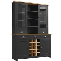 OKWISH Küchenschrank Stauraumschrank mit 5 Schubladen und Glastür Hochschrank Modern Aufbewahrungsschrank mit herausnehmbares Weinregal Weinschrank mit Metallgriffen Kippschutz Schwarz