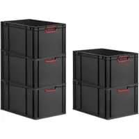Proregal SparSet 5x Eurobox NextGen Color, HxBxT 32x40x60cm, 65 Liter, Griffe rot zu, Schwarz, Eurobehälter, Transportbehälter