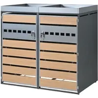 OKWISH Mülltonnenschrank Abschließbar mit Pflanztrog Belüftet mit Zwei Fächern Für Garten und Einfahrt Aus Stahl Grau Holzoptik