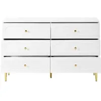 OKWISH moderner Sideboard mit sechs Schubladen und Metallfüße, Kommode ovales Vertiefungsdesign, Wohnzimmerschrank in Weiß