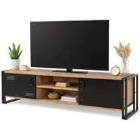 Dmora Fernsehschrank Dperott, Ständer für Wohnzimmerfernseher, Niedriges Wohnzimmer-Sideboard, TV-Ständerbasis, 180x45h50 cm, Eiche und Schwarz