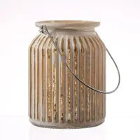 MARELIDA Windlicht für Teelichter geriffeltes Glas Metallhenkel H: 14,5cm weiß gold
