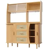 STILVORA Buffetschrank mit Rattanoptik und Glasschiebetüren, Küchenschrank hoch mit Stauraum, Sideboard Naturholz-Nussbaum-Optik
