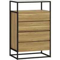 HOMCOM Kommode 4 Schubladen offenes Regal Stahlrahmen gehärteter Glasplatte Sideboard Wohnzimmer Teak