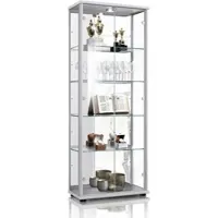 K-Möbel Glas Vitrinenschrank 2-Türig 176x67x33 cm Made in Germany mit Spiegel & Schloss & LED Silber