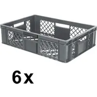 BRB-Lagertechnik 6x Eurobehälter durchbrochen/Stapelkorb, PE-HD grau, Industriequalität, lebensmittelecht, LxBxH 600 x 400 x 150 mm