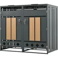 OKWISH Mülltonnenbox Hydraulischem Klappdeckel Abschließbaren Türen Zwei Fächer Vertikaler Holzmaserung Für Garten und Hof Stahl Grau Holzoptik