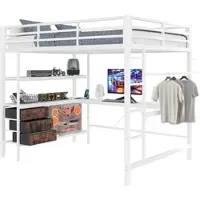 OKWISH Hochbett 140x200 cm mit LED-Leuchten, Schreibtisch und USB-Anschluss – stilvolles Design in elegantem Weiß
