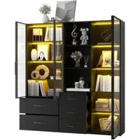 Merax LED Vitrine 140x40x160cm, Glasvitrine & Bücherregal mit LED-Beleuchtung, offenen Fächern, Schubladen, Kippschutz, schwarz