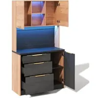 OKWISH Hochschrank MDF in Neutral mit Holzdekor und Betonoptik, schwarze Arbeitsplatte, LED-Beleuchtung, Steckdose, 100x40x180 cm