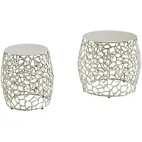 KADIMA DESIGN Beistelltisch 2er Set Aluminium Silber Design Satztisch Metall Rund, Wohnzimmertisch Couchtisch Ast-Struktur Modern, Sofatisch 2-teilig