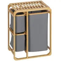 OKWISH Wäschekorb mit Ablage aus Bambus und Polyester, Natur, 50 x 32 x 69,7 cm, mit 3 herausnehmbaren Beuteln