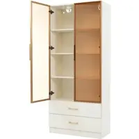 Merax Hochschrank 75x34.5x170 cm mit LED-Lichtleiste, Aufbewahrungsschrank mit 2 Türen, 2 Schubladen und Glastür, Vitrine, Badschrank, Weiß