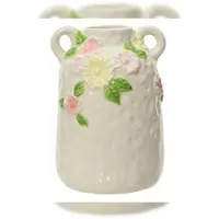 Décoris Vase / Blumenvase mit Blumenmotiv & Griffen Keramik 12x18cm Creme Rosa Tischvase - Dekovase Keramikvase Home Dekor Flower Vases - Tischdeko Geschenk