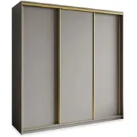 Masseno Schiebetürenschrank NISSE 200/205/60 cm Kleiderschrank mit Schubladen Schlafzimmer Schrank 3-türig Graphitfarben + Gold