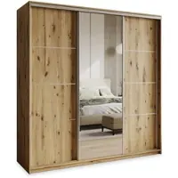 Masseno Schiebetürenschrank VARO 200/205/60 cm Kleiderschrank mit Schubladen Schlafzimmer Schrank 3-türig mit Spiegel Eiche Artisan + Satin