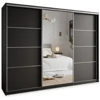 Masseno Schiebetürenschrank VARO 270/205/60 cm Kleiderschrank mit Schubladen Schlafzimmer Schrank 3-türig mit Spiegel Schwarz + Satin