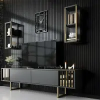 Dmora Fernsehschrank Dliveran, Ständer für Wohnzimmerfernseher, Niedriges Wohnzimmer-Sideboard, TV-Ständerbasis, 180x30h48 cm, Anthrazit und Schwarz
