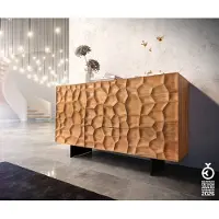 DELIFE Sideboard Solu 145 cm Akazie Natur 2 Türen 3 Schübe Fuß schwebend Metall Schwarz 3D-Front